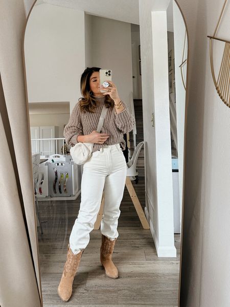 Today’s look! Styling these Abercrombie jeans again! Love the cream color so much. Wearing size 24 short. 
Sweater size small. Also available in more colors. 
Boots are available in all colors! 

#LTKshoecrush #LTKunder100 #LTKsalealert