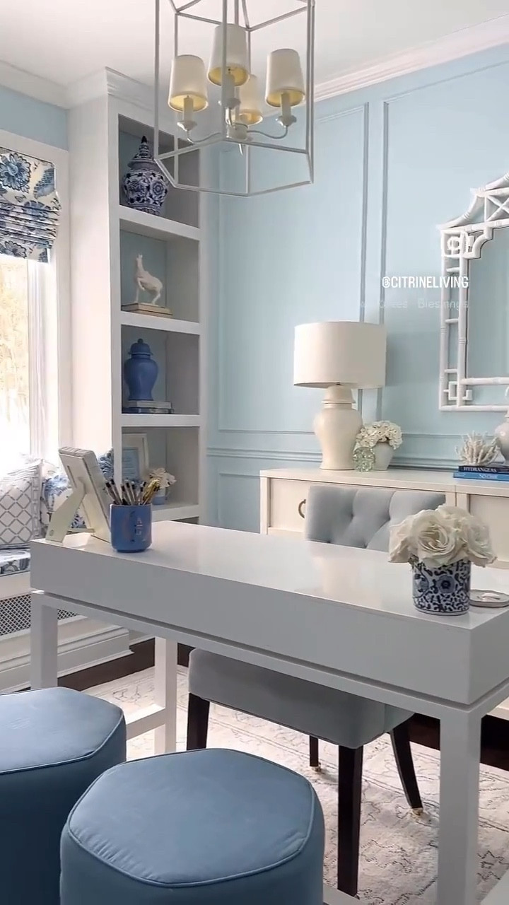Home office decor in blue and white! Office, home decor for office, ginger jars, ginger jar lamps, dressers, white dressers, gold hardware, ring pulls, white desk, office desk, office chair, pagoda mirror, mirror, chandelier, pendant light, cage pendant light, stools, pillows, throw pillows, rug, hydrangeas, faux flowers, home decor accessories, chinoiserie accessories, chinoiserie chic

#LTKHome #LTKSeasonal