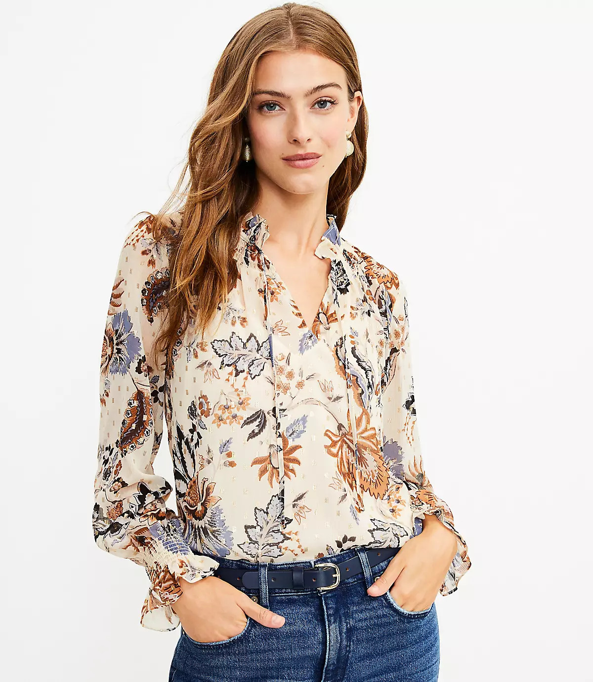 Vine Ruffle Tie Neck Blouse | LOFT