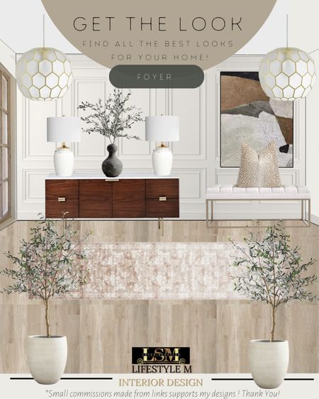 Foyer Design Idea. Recreate the look with these furniture and decor finds! Wood console table, foyer runner, white ceramic tree planter pot, faux fake olive tree, wood floor tiles, foyer pendant light, table lamp, table vase, faux fake plant, throw pillow, brass upholstered bench, wall art.

#LTKFind #LTKhome #LTKstyletip