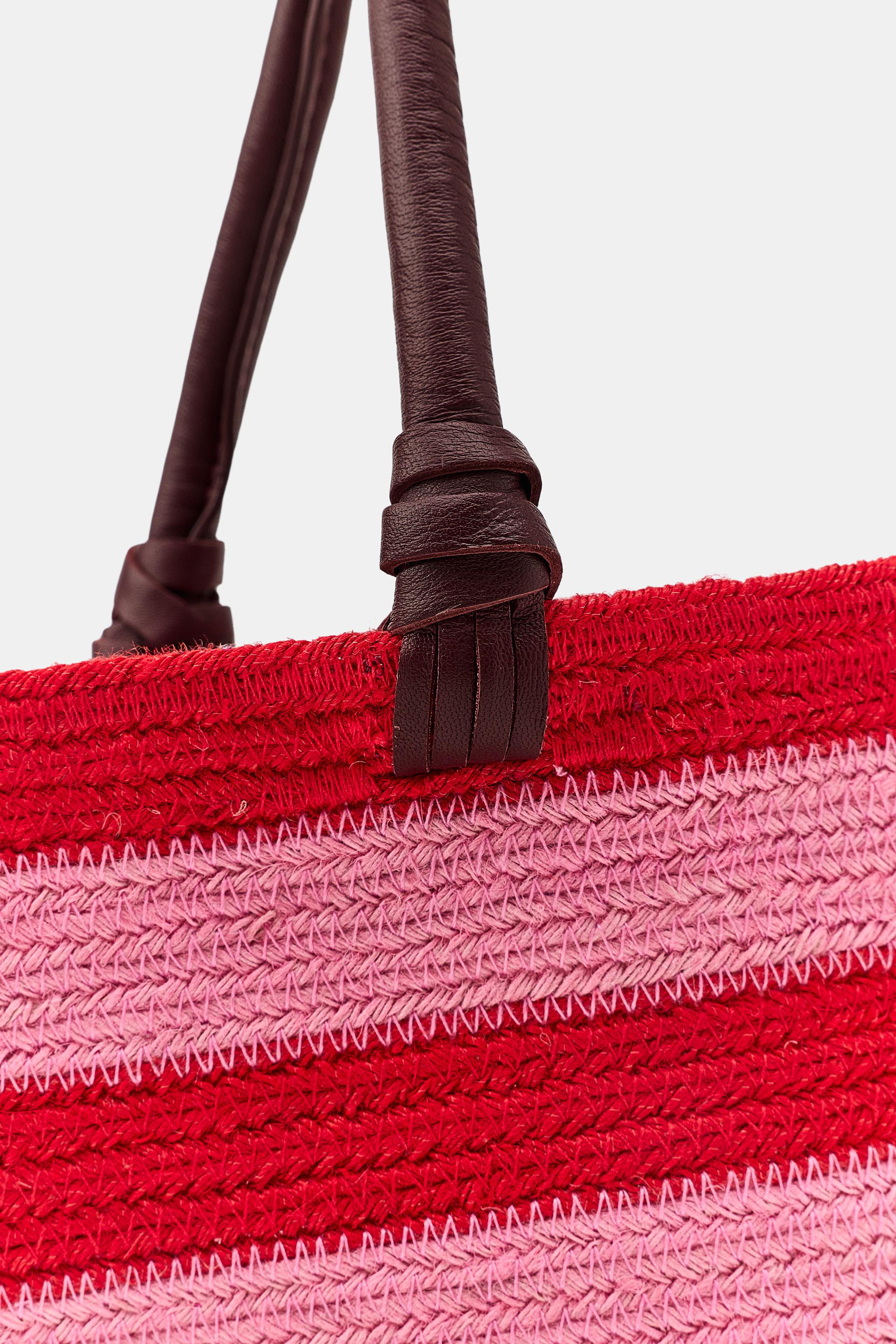 STRIPED JUTE LEATHER BAG | Zara US