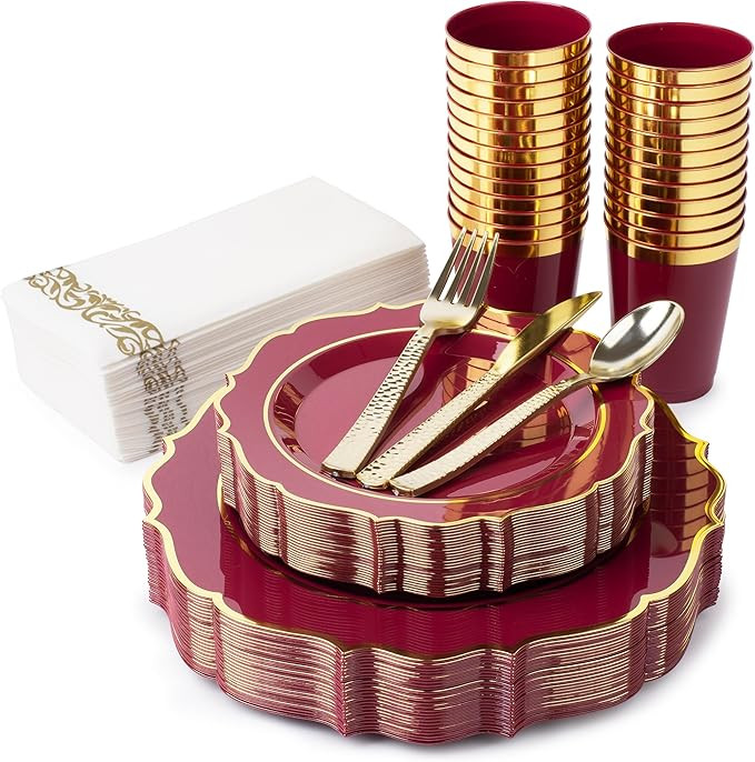 Burgundy Plates Disposable - 50 Plastic Maroon Plates, Red Plastic Dinnerware Set, 25 10oz Cups, ... | Amazon (US)