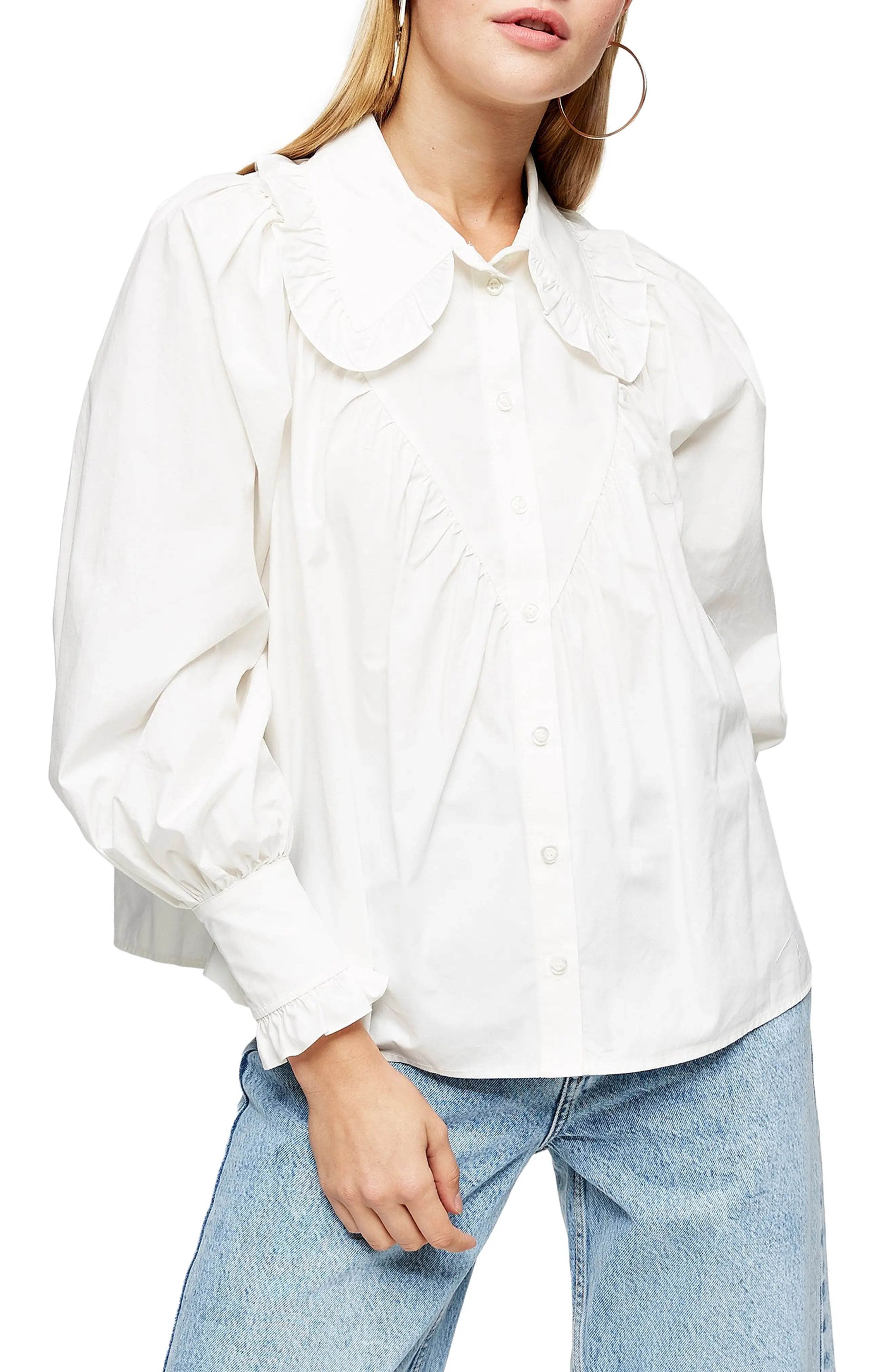 Women's Topshop Ruffle Collar Poplin Blouse, Size 4 US - White | Nordstrom