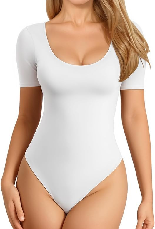 MANGOPOP Long Sleeve Bodysuits for Women Scoop Neck Ribbed Body Suit Stretchy Basic T Shirt Tops | Amazon (US)