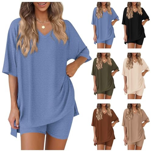 Wabkderpu Women 2 Piece Lounge Set Summer Airport Travel Outfits V Neck Oversized Shirts Biker Shorts Matching Sets Tracksuit | Amazon (US)