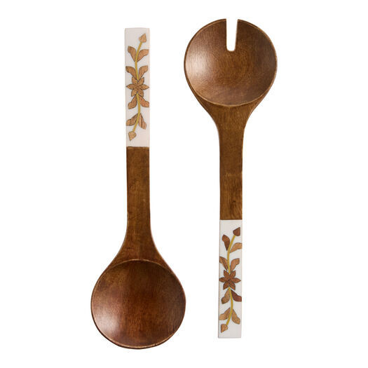 White Floral Inlay Wood Salad Servers 2 Piece Set by World Market | World Market