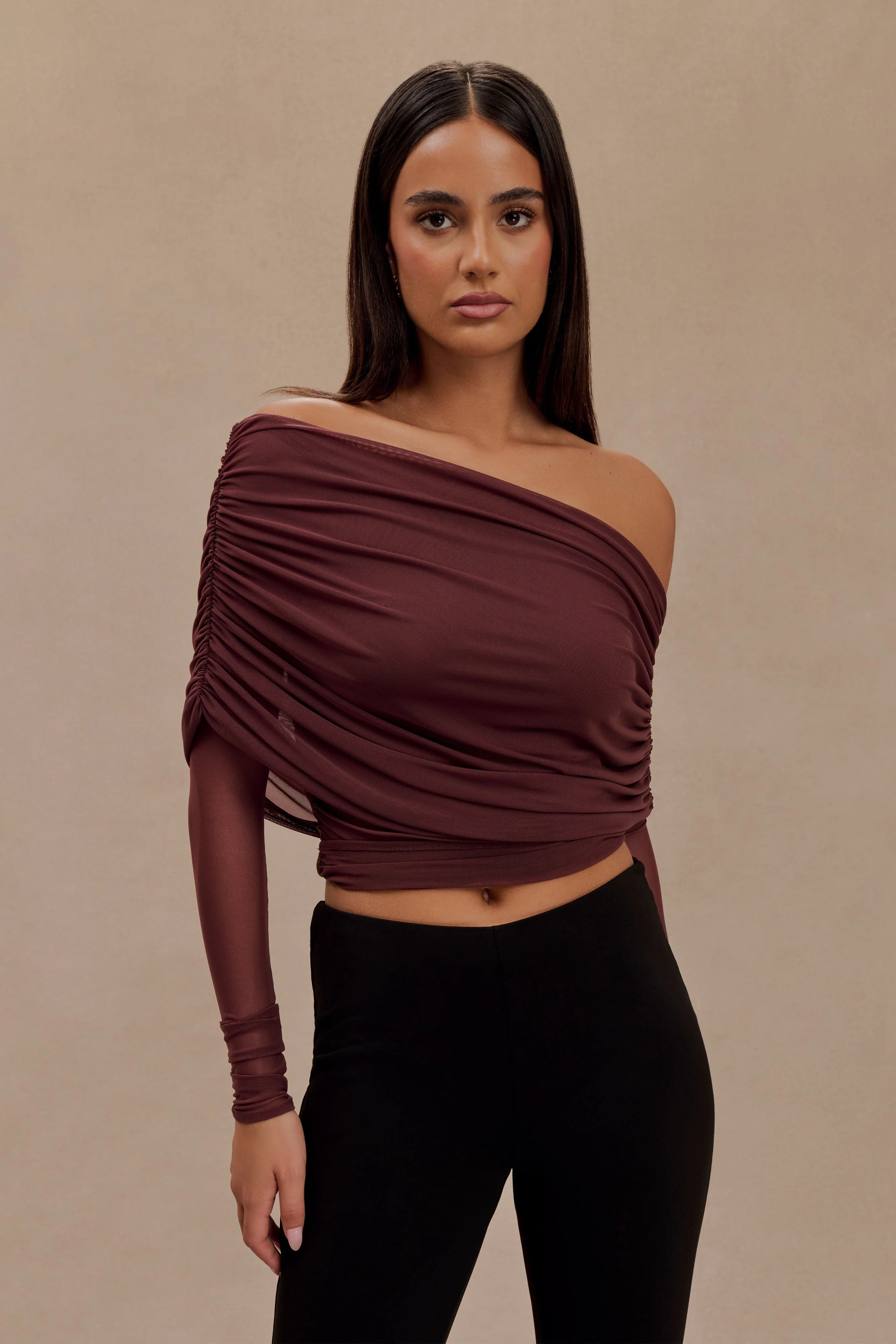 Everly Sheer Mesh Off Shoulder Top - Mahogany | Meshki UK