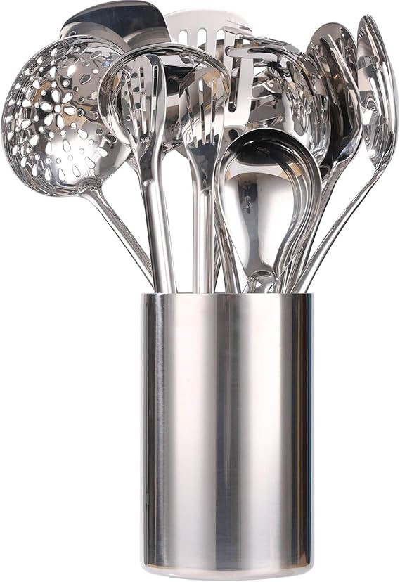 18/10 Stainless Steel Kitchen Utensils Set with Holder - 15″ Spatula Spoon Set with Storage Org... | Amazon (US)