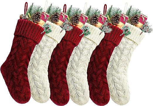 Kunyida Pack 6,18" Unique Burgundy and Ivory White Knit Christmas Stockings Style3 | Amazon (US)