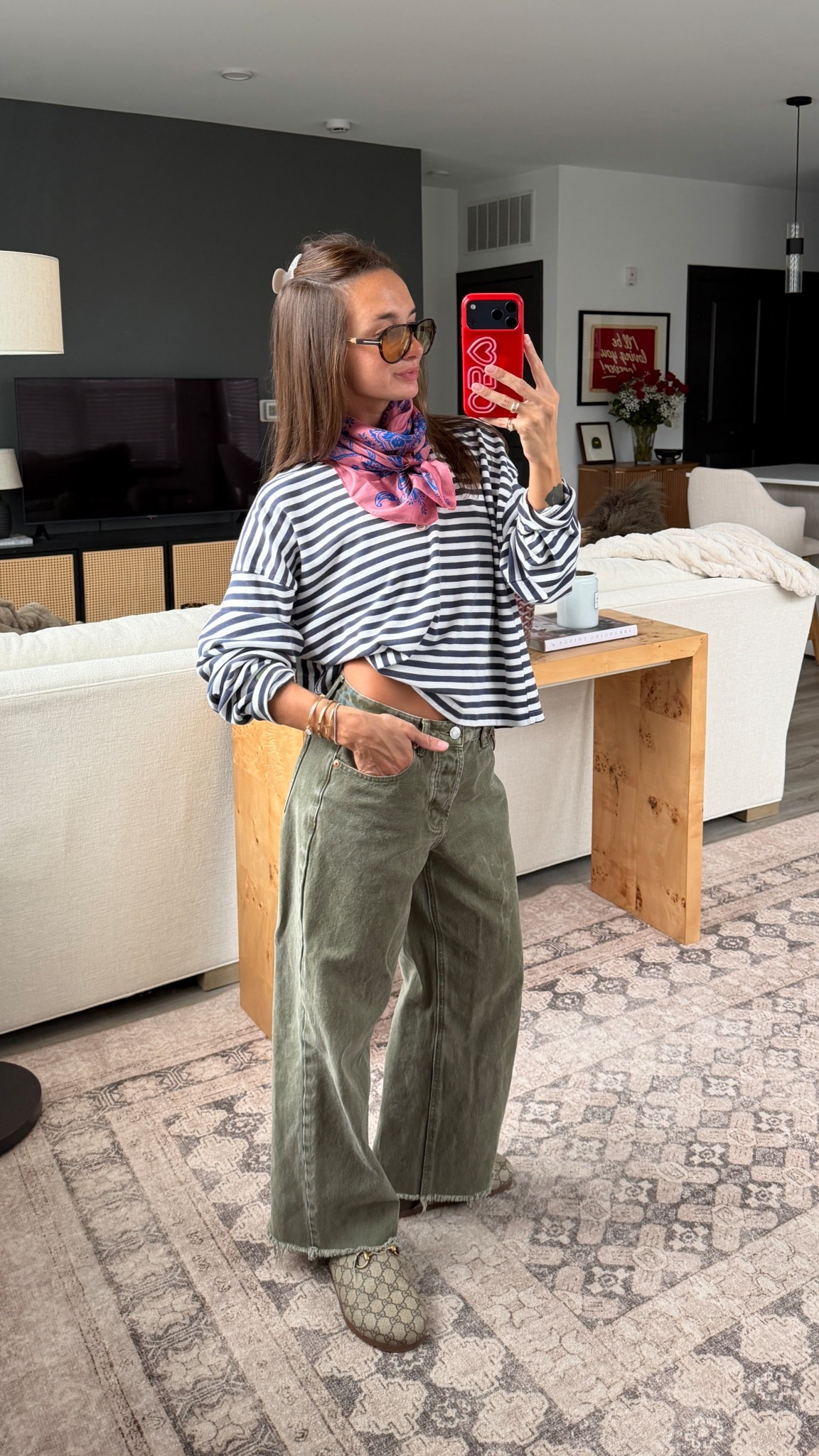 My top is sold out Daily Drills but this one is super similar! Parke jeans in 24 and sunglasses are Tom Ford!