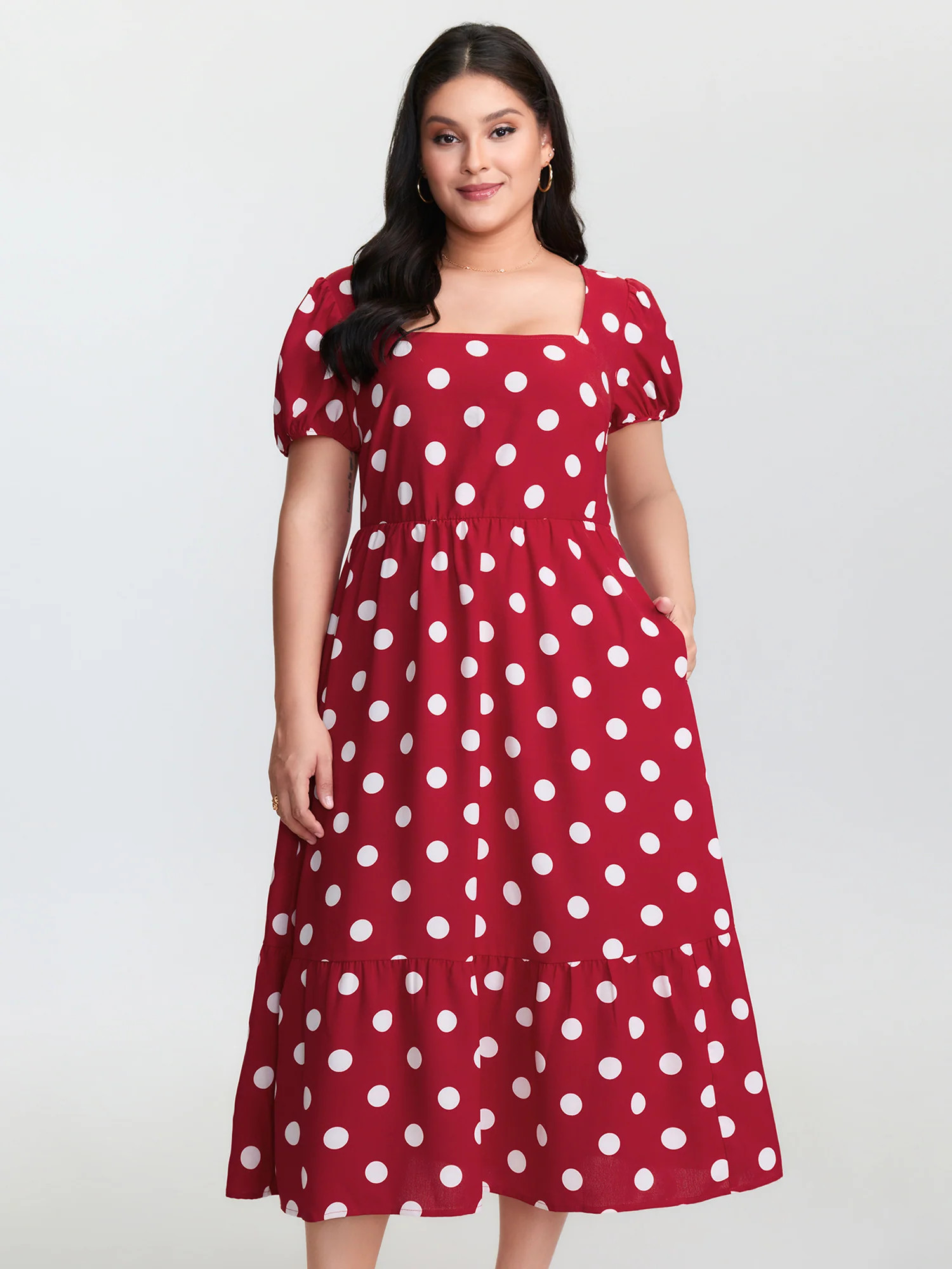 Polka Dots Shirred Cinched Waist Midi Dress | Bloomchic