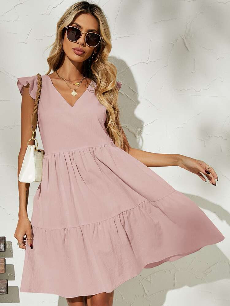 Butterfly Sleeve Solid Smock Dress | SHEIN