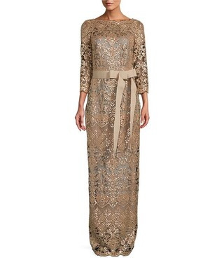 Boat Neck 3/4 Sleeve Sequin Lace Illusion Ribbon Belt Gown | Dillard's