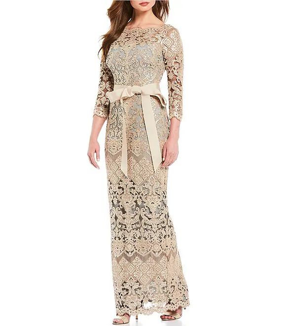 Boat Neck 3/4 Sleeve Sequin Lace Illusion Ribbon Belt Gown | Dillard's