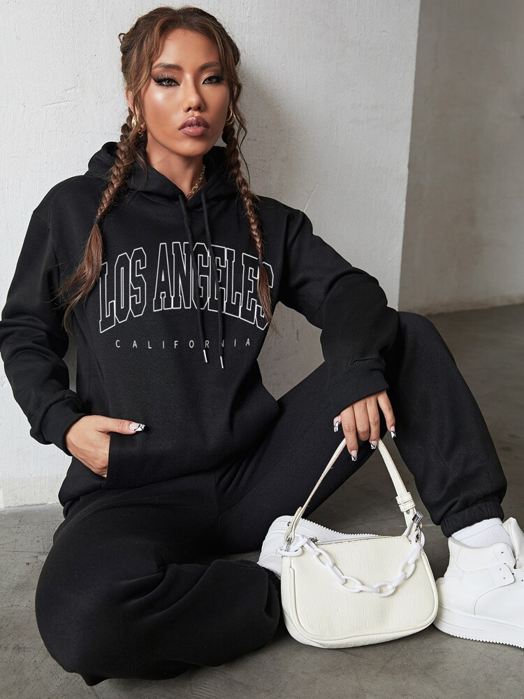 Letter Kangaroo Pocket Drawstring Hoodie & Sweatpants | SHEIN