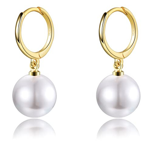 EPIRORA Sterling Silver Simulated Shell Pearl Hoop Earrings Dangle Drop Earrings Jewelry for Women 10mm, Gold (Round) | Amazon (US)