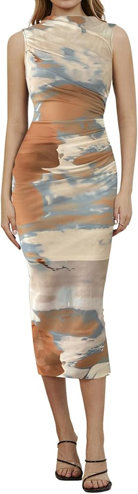 Milumia Women's Tie Dye Cowl Neck Sleeveless Dress Sheer Mesh Fishtail Long Bodycon Dresses | Amazon (US)