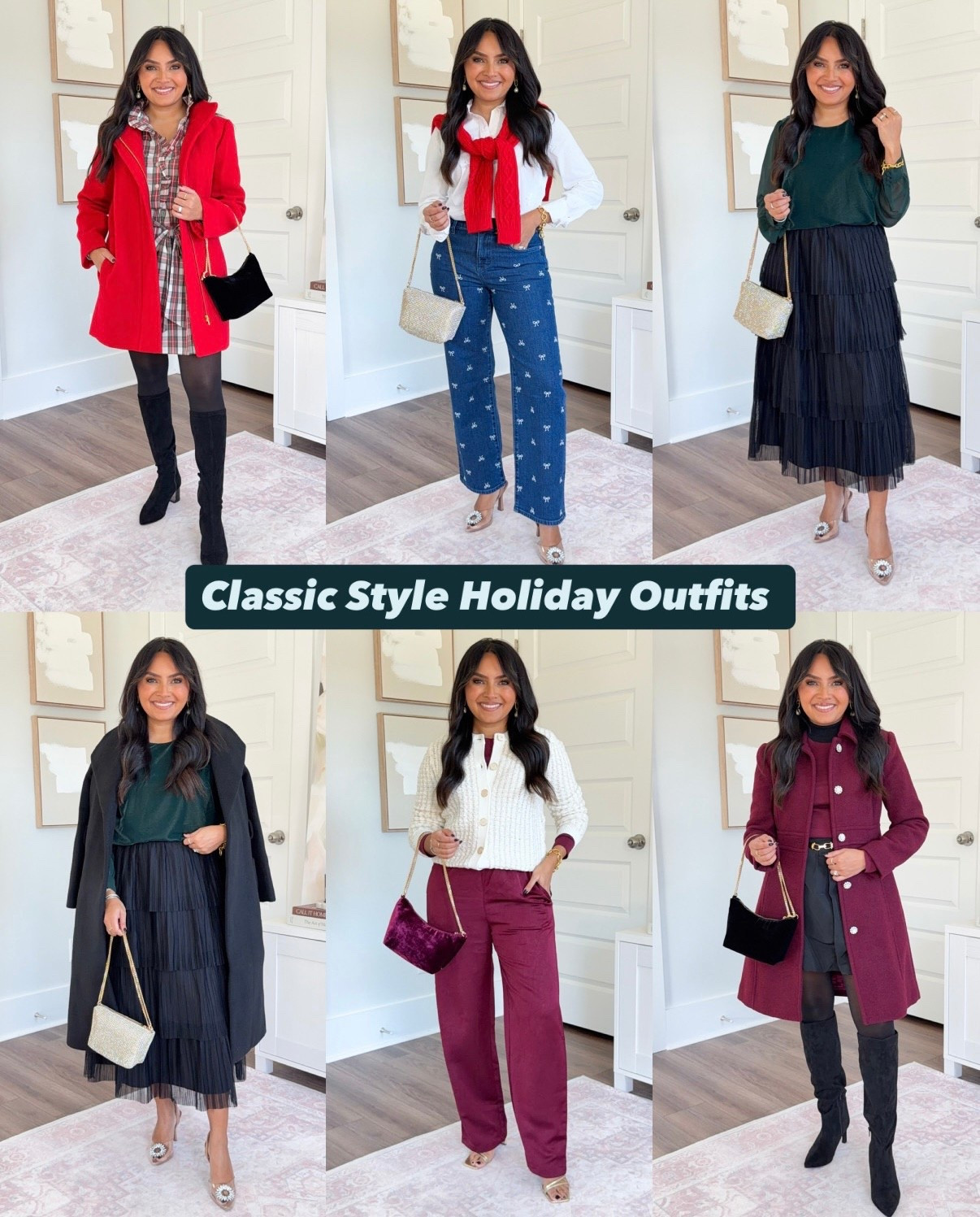 Classic Style Festive Holiday Outfits
For reference: I’m 5’0, 32b bra size, and 2/26 in bottoms, pear shaped. 
*Everything I share is unaltered! TTS means true to size.

Cardinal Red Coat size 2 petite - sized up one size
Tartan shirt dress size 0 petite TTS
Black tights size small TTS
Black boots size 5.5 TTS

Bow button down shirt size xxs regular TTS
Cardinal Red sweater size xxs regular TTS
Bow jeans size 26 petite TTS
Rhinestone heels size 5 TTS


Green darkest forest size xxs regular TTS
Black tulle tiered skirt size xs regular TTS
Black boots size 6 TTS
Black belted wrap coat size 2 petite - I sized up a size

Ivory gold cardigan size xxs regular TTS
Vintage burgundy sweater size xxs regular TTS
Vintage burgundy pants size xs regular TTS - I like the regular length with heels
Gold heels size 5 TTS

Vintage burgundy coat size 2 petite - runs small, I sized up one size but I would need to size up another size to button this coat
Black turtleneck tee size xxs regular TTS
Vintage burgundy sweater size xxs regular TTS
Black bubble hem skirt size 2 regular - runs big in the waist, I could have signed down a size
Black tights size small TTS
Black boots size 5.5 TTS
Black belt size below 37”


petite holiday outfits
petite festive outfit ideas
classic holiday outfits petite
petite Christmas party outfits
timeless holiday style petite
petite winter outfit ideas
petite Christmas Eve outfit
elegant holiday looks petite
petite winter capsule wardrobe
petite holiday dresses
chic petite holiday style
petite holiday dinner outfit
classic petite Christmas outfit
holiday outfit ideas for petites
petite-friendly festive looks
event outfits for petites
petite friendly pieces
Rachel Miranda Blog
Honeysweetpetite
Honey Sweet Petite


#LTKGiftGuide #LTKHoliday #LTKPetite