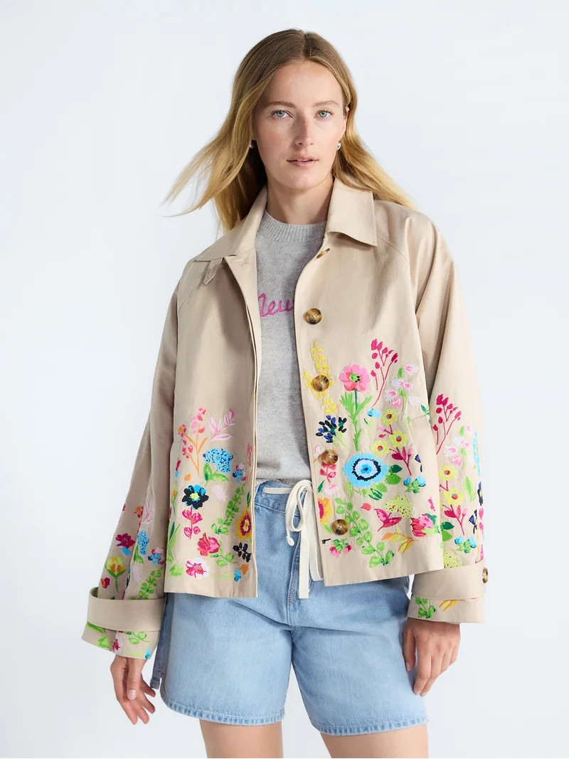 Free Assembly Women's and Women's Plus Short Embroidered Trench Coat, Sizes XS-4X | Walmart (US)