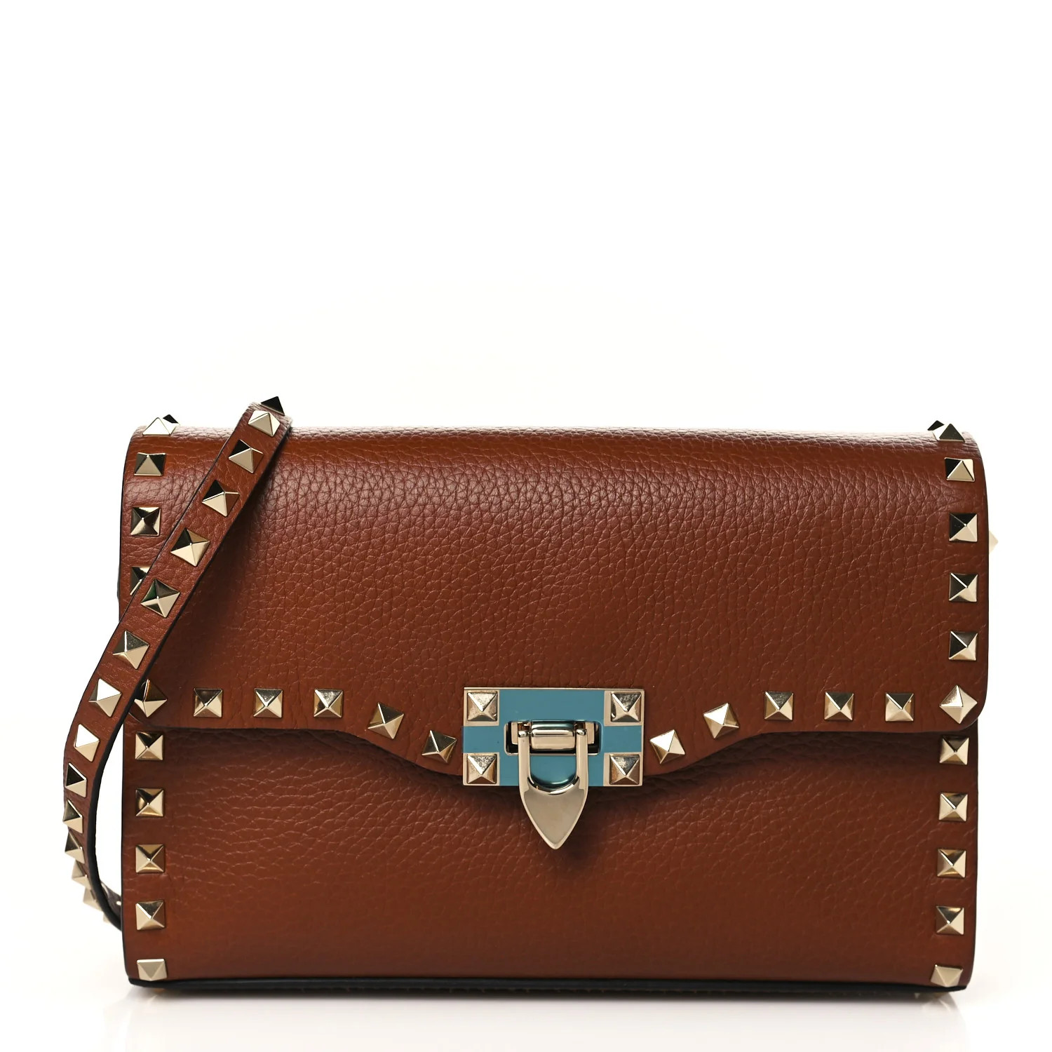 VALENTINO GARAVANI Pebbled Calfskin Medium Rockstud Flip Lock Crossbody Bag Saddle Brown | FASHIONPHILE (US)
