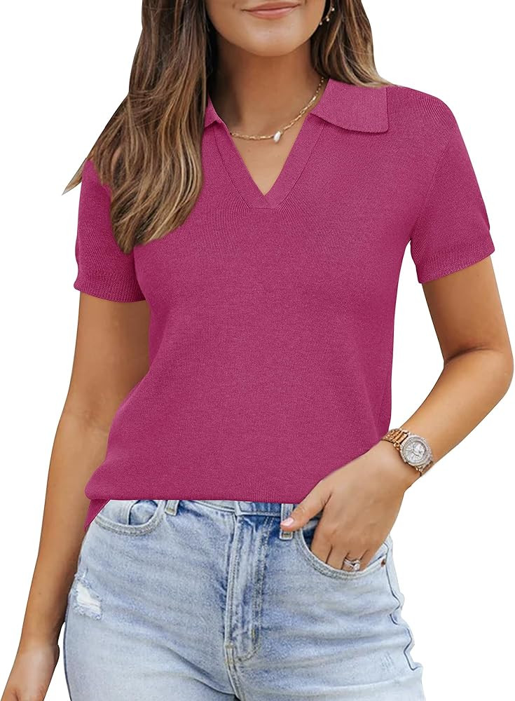 Arach&Cloz Women's Wool Blend Knit Spring Summer Business Casual Lightweight Short Sleeve Sweater... | Amazon (US)