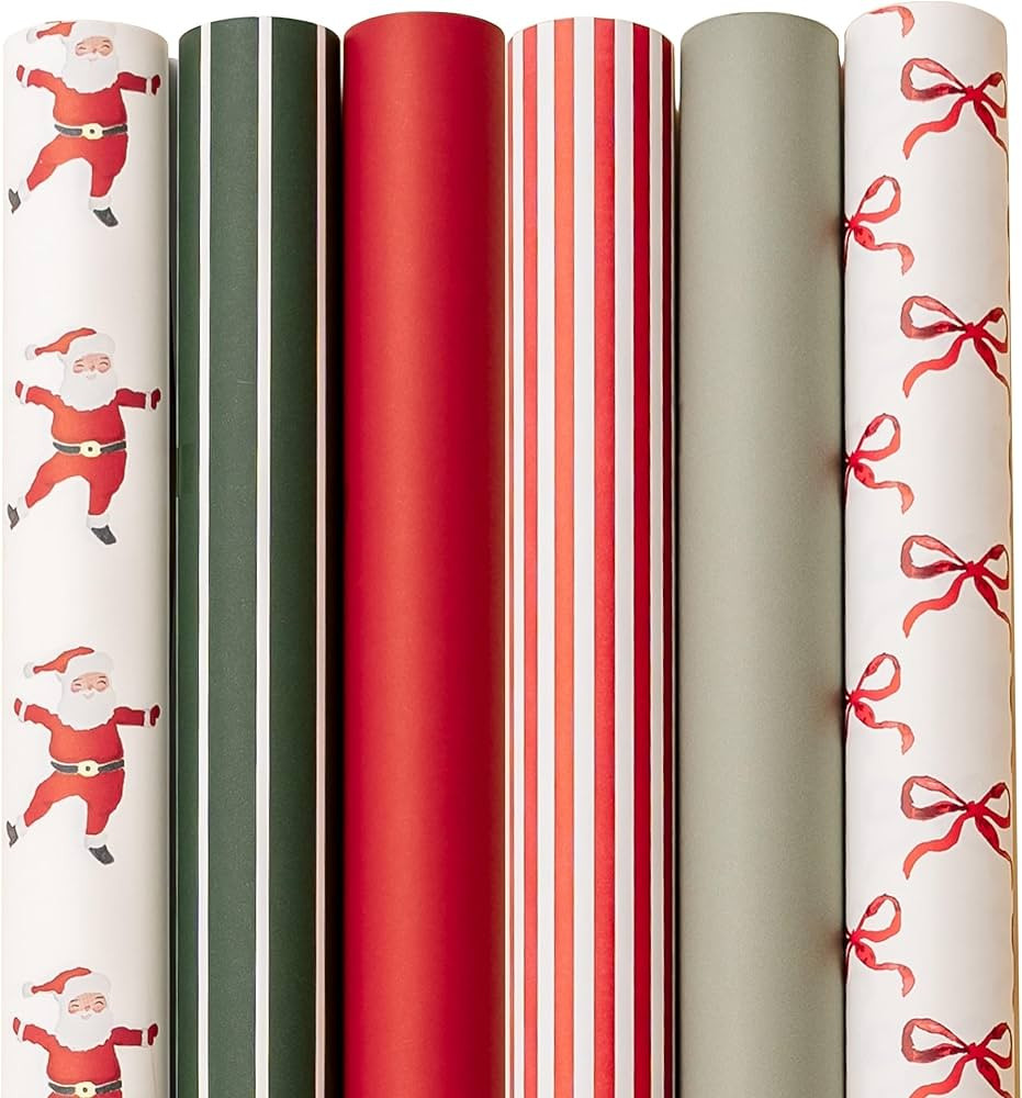 Merry Market 6-pack Premium Matte Christmas Wrapping Paper, Minimal Holiday Gift Wrap, Santa, Gre... | Amazon (US)