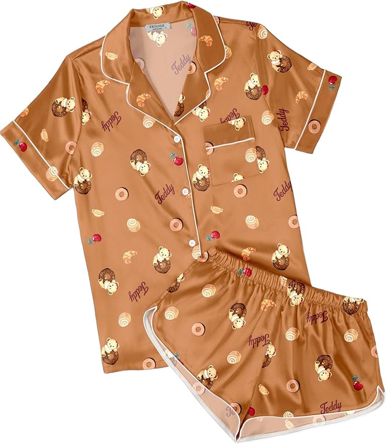 Ekouaer Womens Silk Satin Pajamas Short Sleeve Sleepwear Soft Button Down Loungewear 2 Piece PJS ... | Amazon (US)