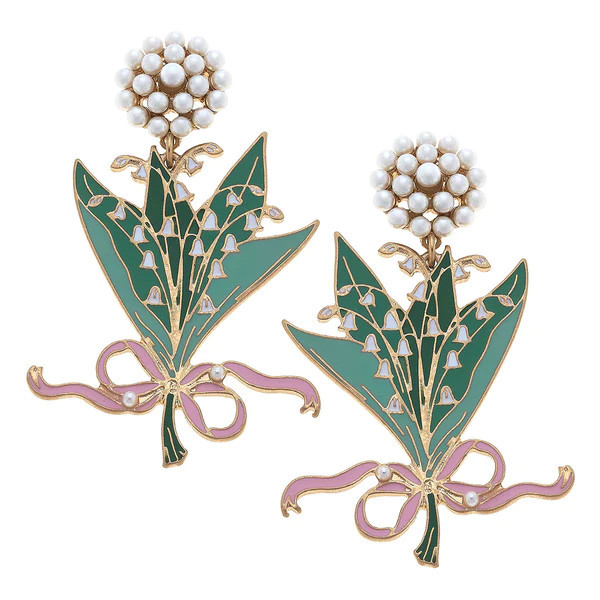 Lily of the Valley Enamel Bouquet Earrings in Green & Pink | CANVAS