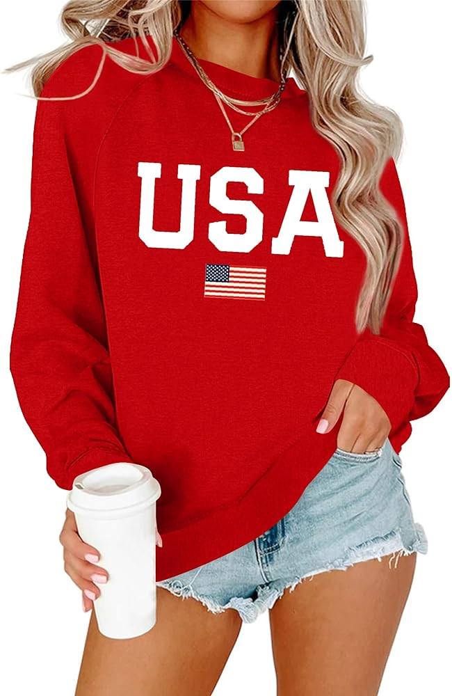 Lacozy Womens USA Sweatshirt American Flag Oversized Graph Letter Pullover Crewneck Long Sleeve L... | Amazon (US)
