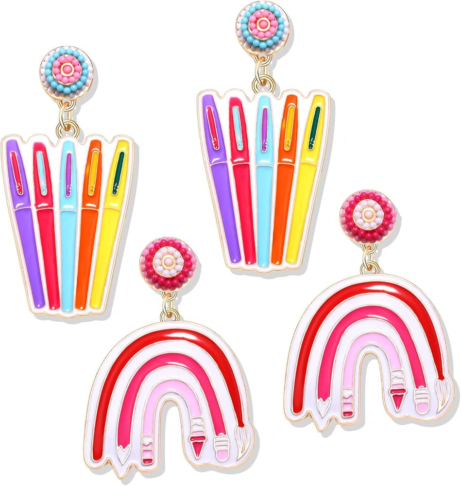 2 Pairs Teacher Earrings Pencil Earrings for Women Beaded Dangle Drop Earrings Colorful Pencil Te... | Amazon (US)