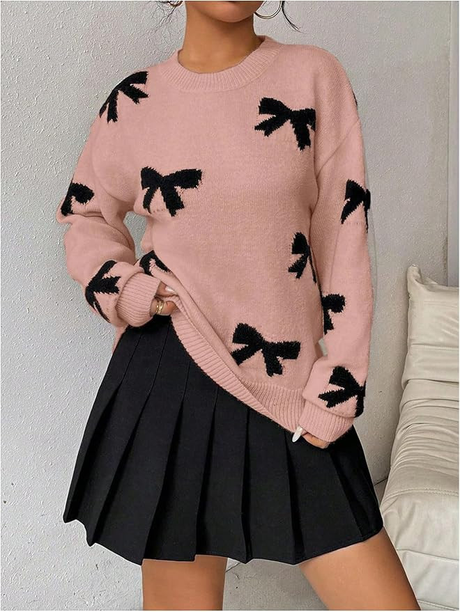 GORGLITTER Women's Bow Sweater Long Sleeve Crew Neck Vintage Y2k Knitted Sweater | Amazon (US)