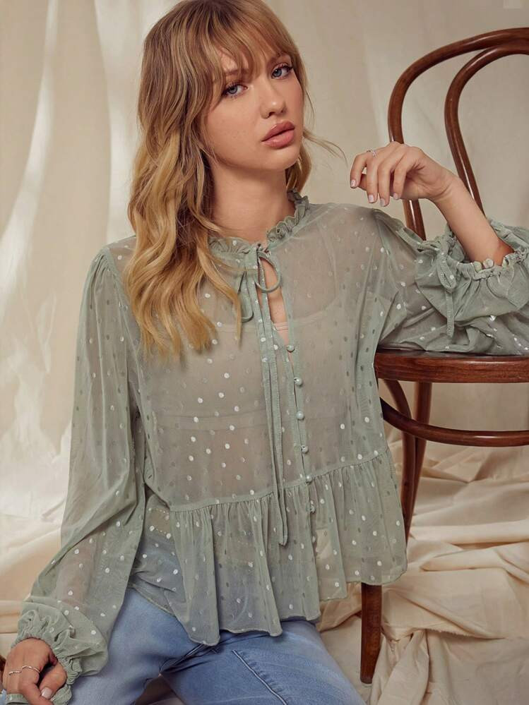 WESTFADE Sheer Dot Mesh Cute Bow Ruffle Peplum Long Sleeve Top | SHEIN