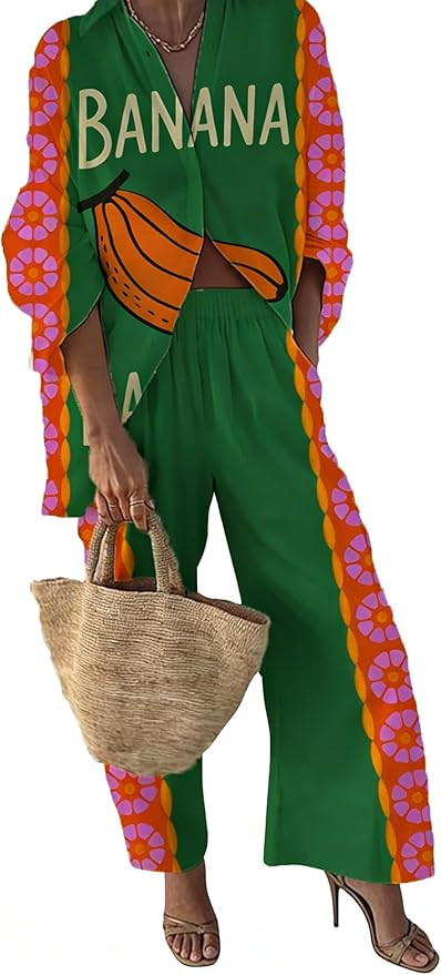 Women Outfits Sets Casual Floral Button Down Shirt Wide Leg Pants Beach Sexy Matching Loungewear ... | Amazon (US)