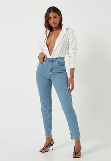 Blue High Waisted Comfort Stretch Denim Mom Jeans | Missguided (US & CA)
