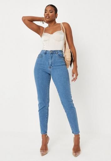 Blue High Waisted Comfort Stretch Denim Mom Jeans | Missguided (US & CA)