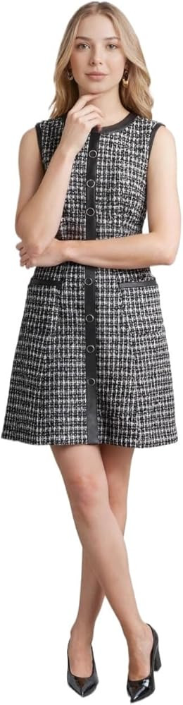 French Retro Houndstooth Leather Trim Dress Autumn and Winter new Large Size Tweed Vest A-line Sk... | Amazon (US)