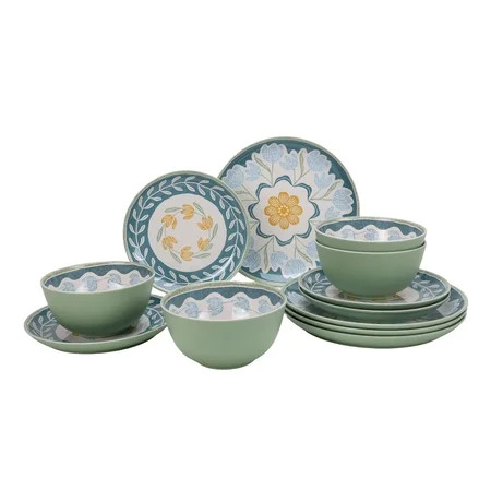 BHG 12PC MEL DINNERWARE SET GREEN FLORAL | Walmart (US)