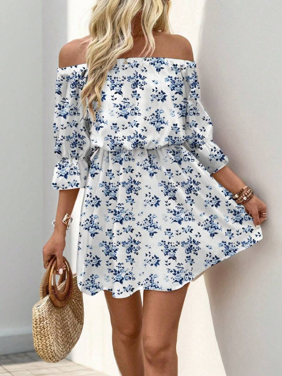 Breezaya Off-Shoulder Printed Dress With Waist Belt Vacation Beach Outfits Women | SHEIN
