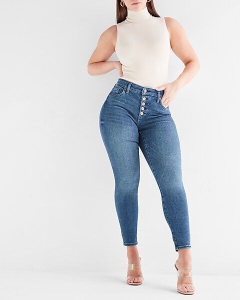 Mid Rise Medium Wash Curvy Button Fly Skinny Jeans | Express