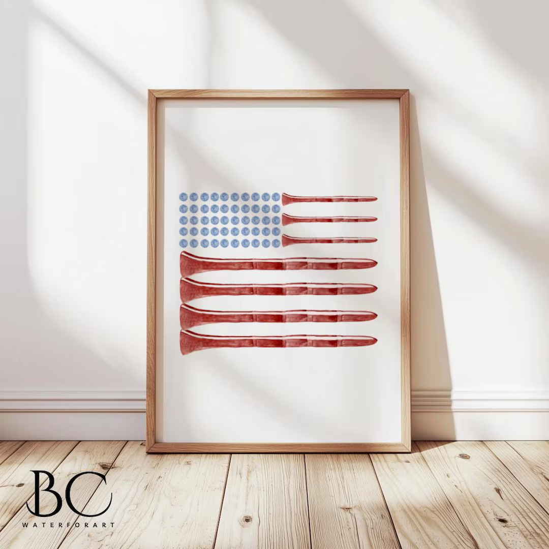 Watercolor Golf Tee Art Print, American flag made from Golf Tee and Ball Painting, Golf Gift, Boy... | Etsy (US)