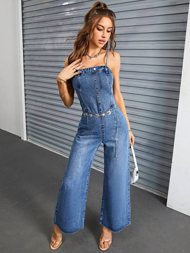 SHEIN Privé Pocket Patched Wide Leg Denim Jumpsuit Without Belt | SHEIN
