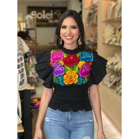 Floral Embroidered Butterfly Sleeve Top. Mexican Artisanal Blouse. Typical | Etsy (US)