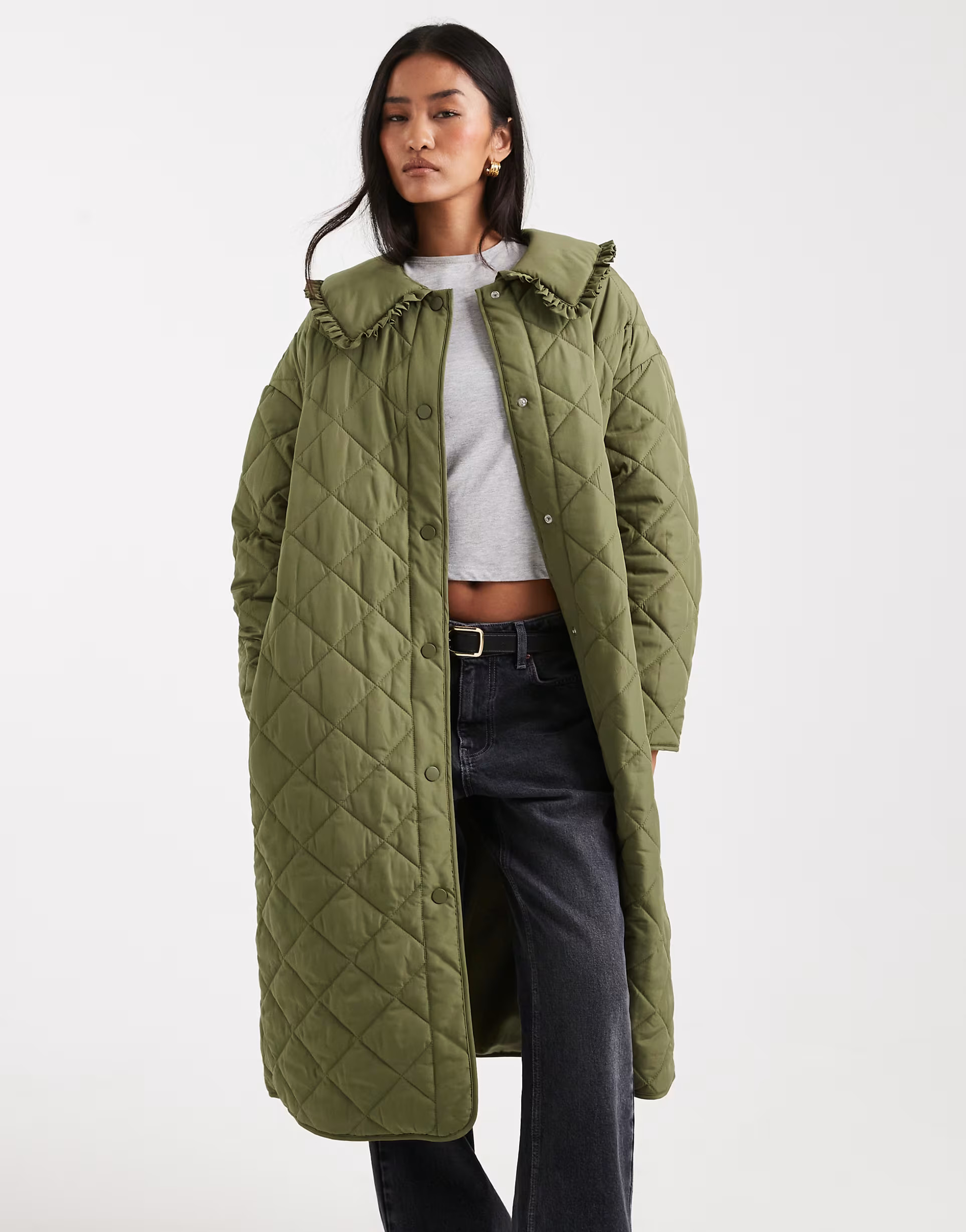 Miss Selfridge quilted liner maxi coat in khaki green | ASOS (Global)
