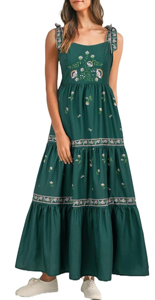 Melliflo Women's Summer Floral Print Tie Strap Maxi Dress Smocked Sleeveless A Line Swing Beach S... | Amazon (US)