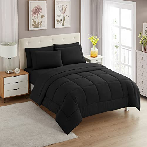 Sweet Home Collection 5 Piece Comforter Set Bag Solid Color All Season Soft Down Alternative Blanket & Luxurious Microfiber Bed Sheets, Black, Twin | Amazon (US)