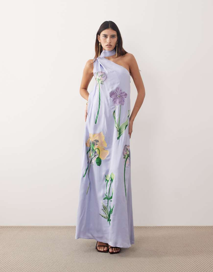ARRANGE botanical floral embroidered one shoulder maxi dress in dusky blue | ASOS (Global)