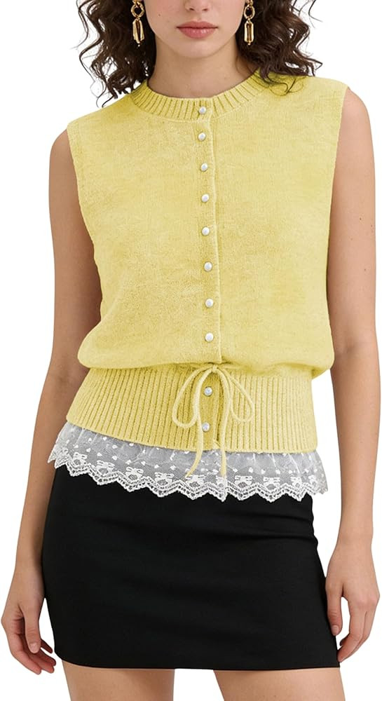 QIBABU Womens Sweater Vest Casual Button Down Sleeveless Cardigan Lace Hem Lightweight Knit Tank ... | Amazon (US)