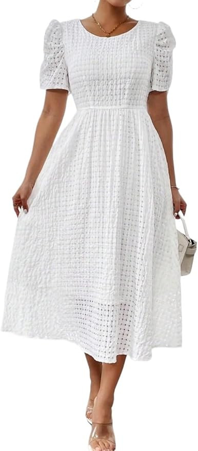 Women 2024 Summer Casual Short Sleeve Midi Dress Solid Color Puff Sleeve Dress | Amazon (US)