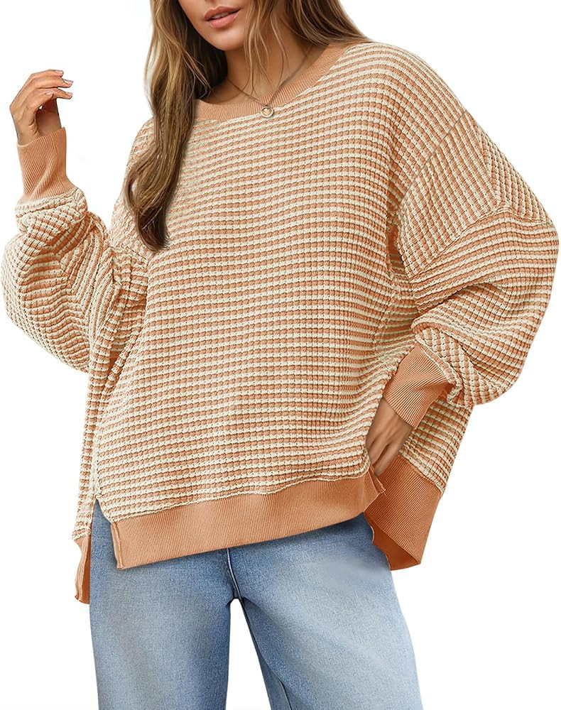 Fisoew Women's Fall Oversized Sweatshirt Casual Waffle Knit Long Sleeve Crewneck Split Pullover T... | Amazon (US)