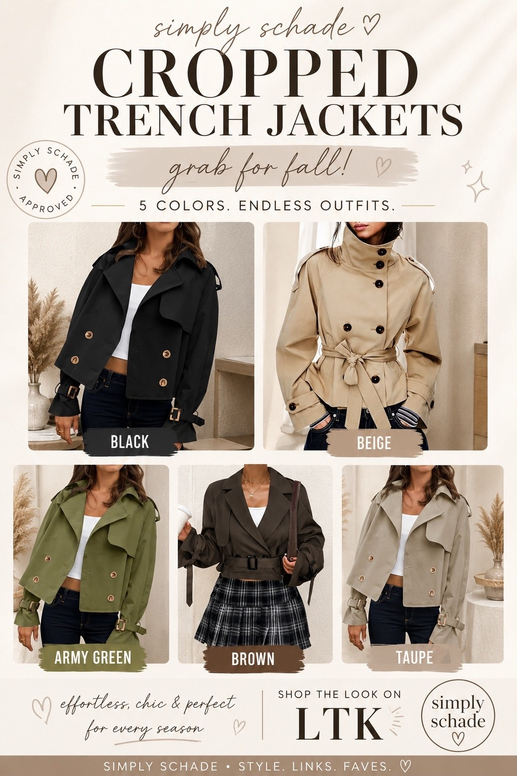 These cropped trench jackets are the PERFECT fall layer 🤎🍂 So chic, easy to throw on, and they instantly make an outfit look put together. I love that they come in 5 colors — black, beige, army green, brown & taupe. Pair them with denim, leggings, or even a cute skirt for fall. Definitely a grab-for-fall find! ✨

Shop all the colors linked below 🤎

#fallstyle #fallfashion #trenchjacket #croppedjacket #falloutfits #LTKfinds #LTKstyle #simplyschade

#LTKgrwm #LTKdayinmylife #LTKootd